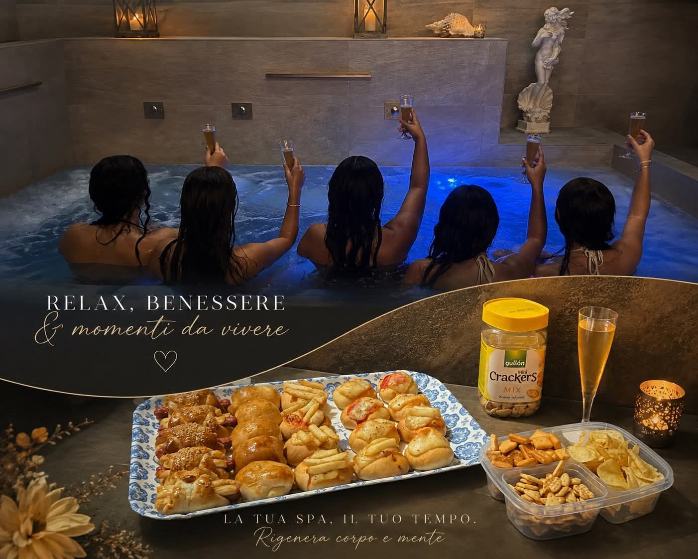 Gruppo di amiche che brinda nella vasca idromassaggio, con aperitivo di stuzzichini e bollicine